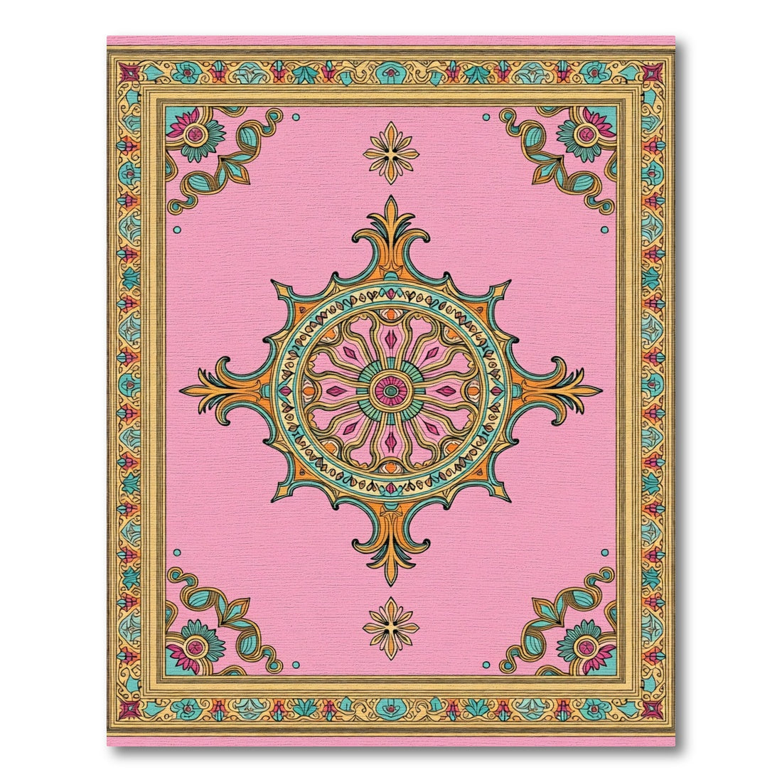 Ornate Pink Floral Medallion Border Rug
