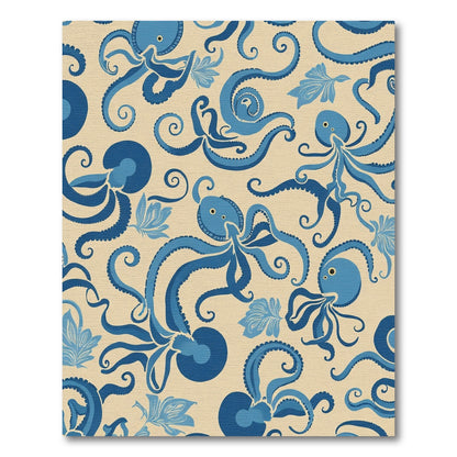 Blue Octopus Swirl Botanical Scene Rug