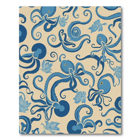 Blue Octopus Swirl Botanical Scene Rug