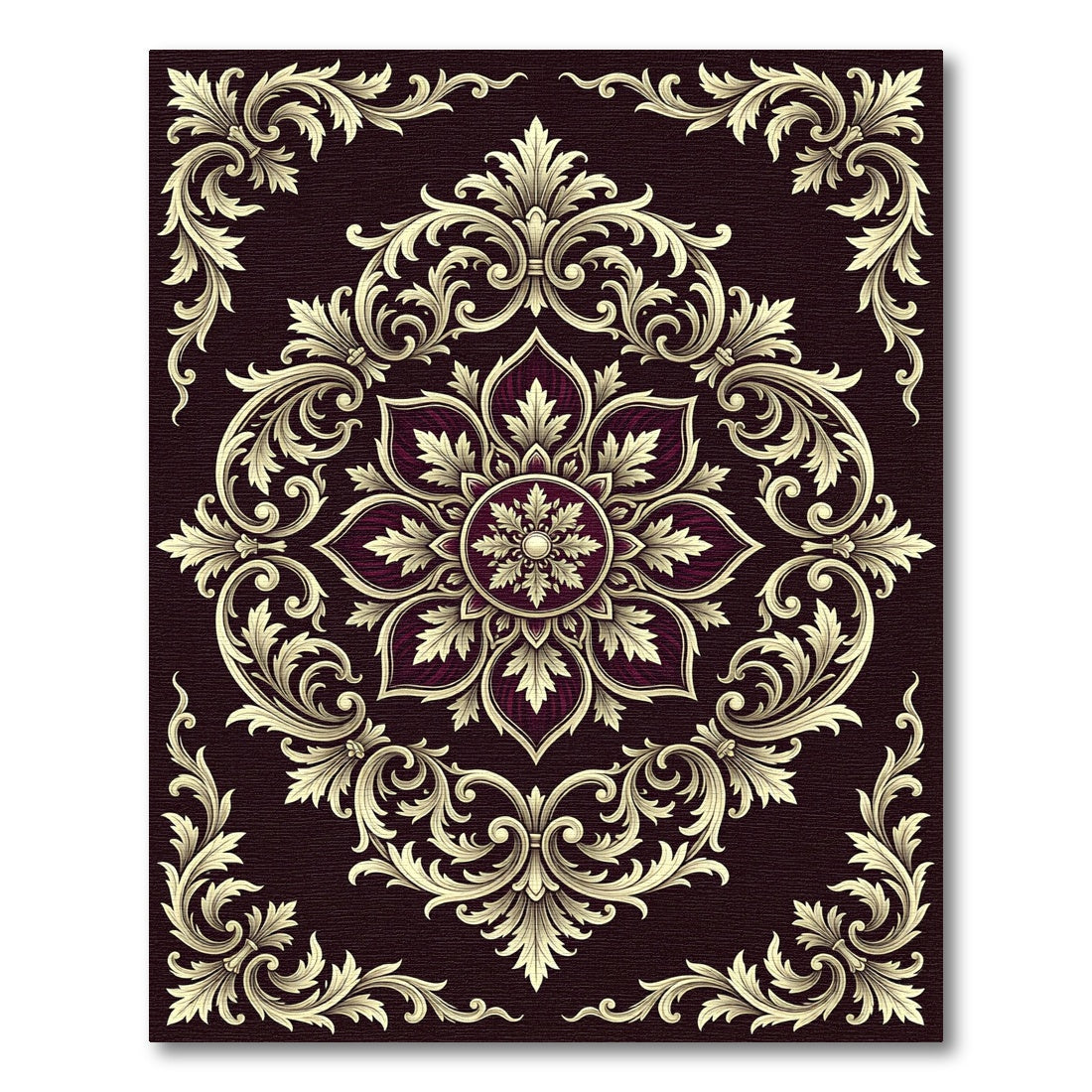 Ornate Burgundy Floral Scroll Frame Rug