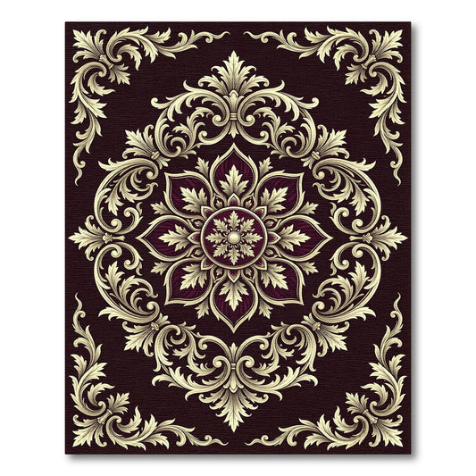 Ornate Burgundy Floral Scroll Frame Rug