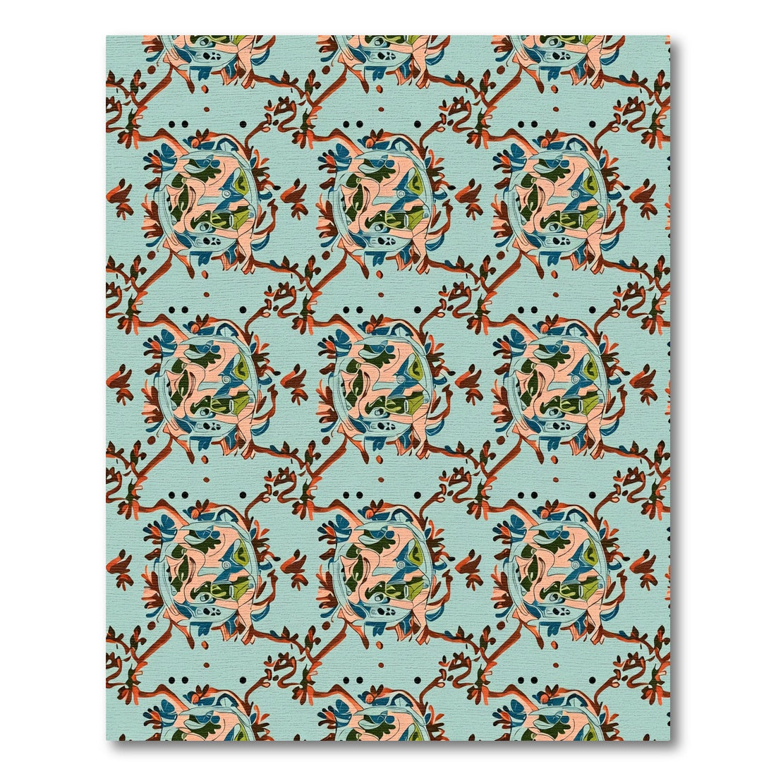 Teal And Coral Abstract Floral Medallions Rug
