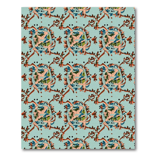 Teal And Coral Abstract Floral Medallions Rug