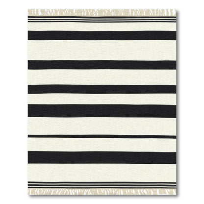 Bold Black Cream Striped Tassel Accents Rug