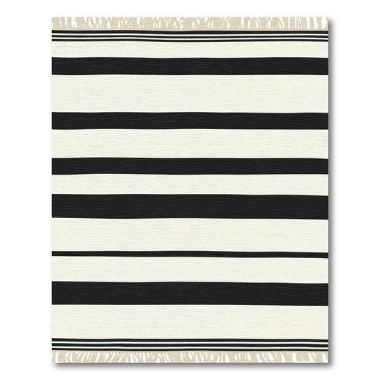 Bold Black Cream Striped Tassel Accents Rug
