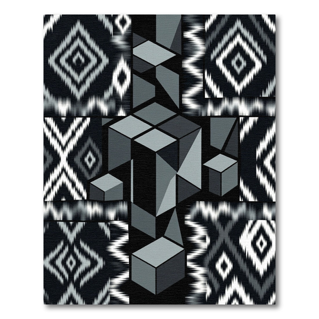 Monochromatic Geometric Cubes Ikat Collage Rug