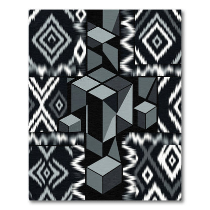 Monochromatic Geometric Cubes Ikat Collage Rug