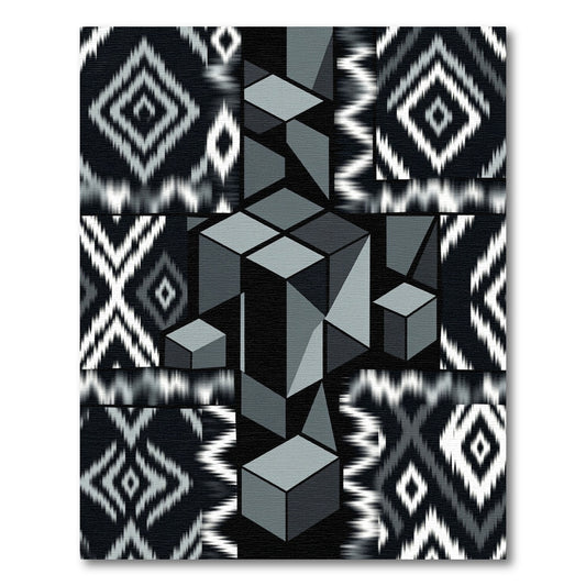 Monochromatic Geometric Cubes Ikat Collage Rug
