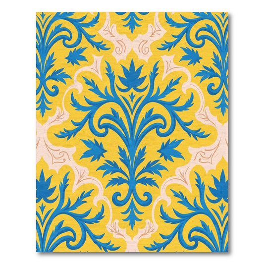 Bold Blue Acanthus Flourish Yellow Background Rug
