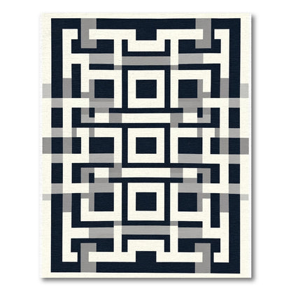 Modern Navy White Geometric Maze Rug