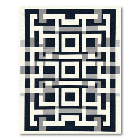 Modern Navy White Geometric Maze Rug