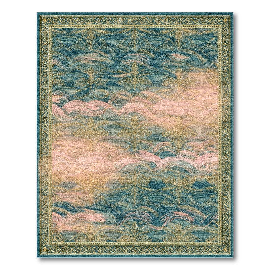 Blue Teal Floral Wave Vintage Area Rug
