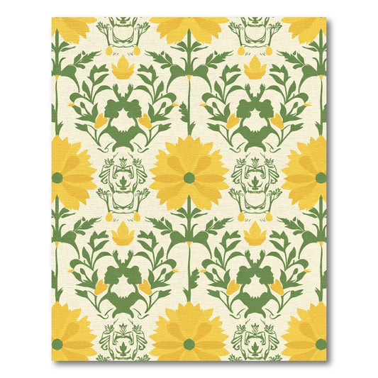 Yellow Daisy Green Damask Floral Rug