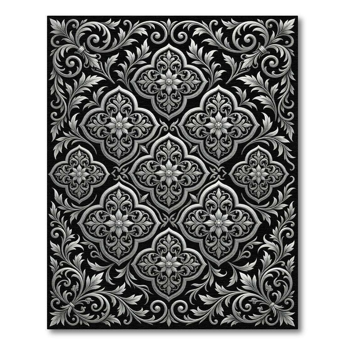 Ornate Silver Floral Scrollwork Rug