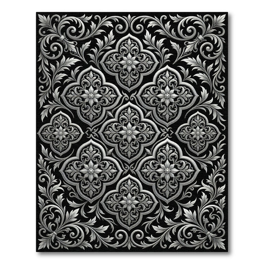 Ornate Silver Floral Scrollwork Rug