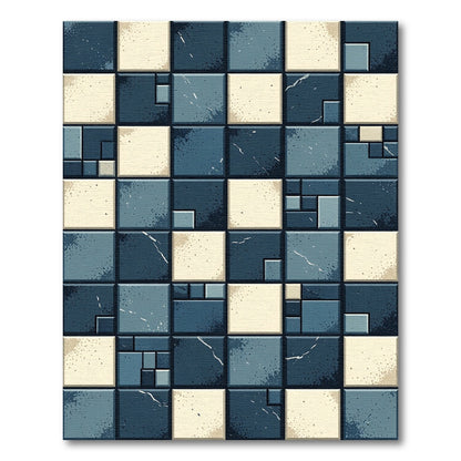 Dark Blue Beige Stained Glass Squares Rug
