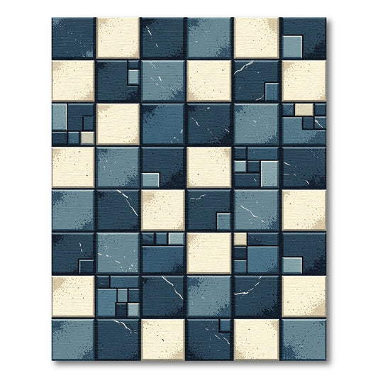 Dark Blue Beige Stained Glass Squares Rug