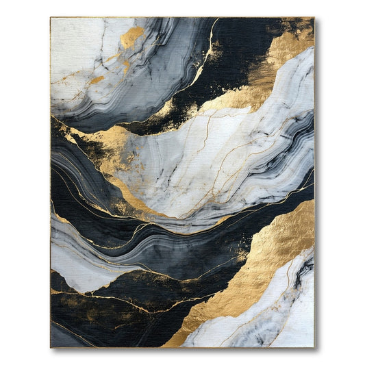 Black White Gold Swirling Veins Rug