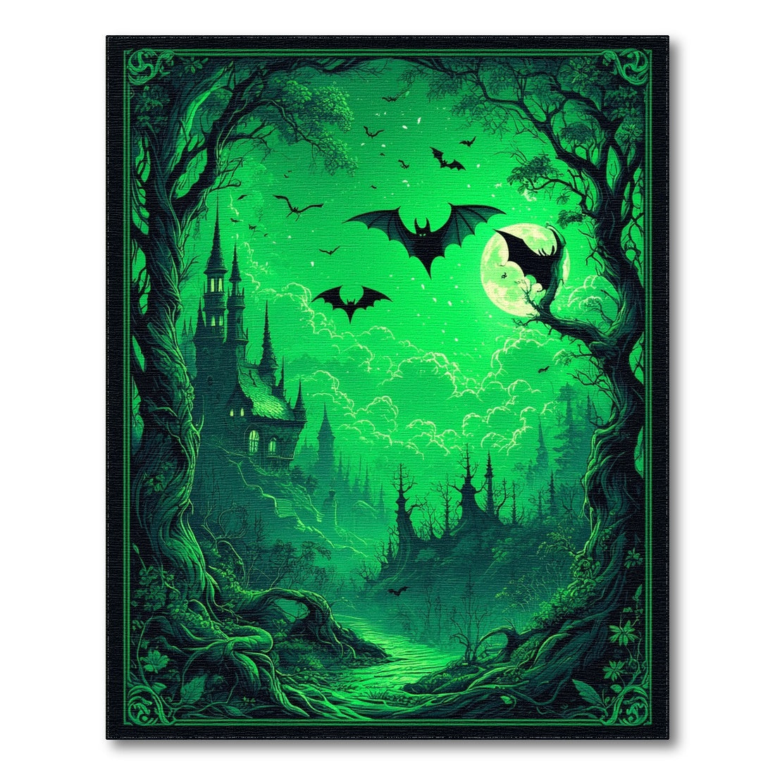 Gothic Green Castle Moonlit Forest Area Rug