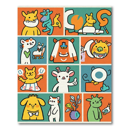 Playful Whimsical Cartoon Creature Collage Rug