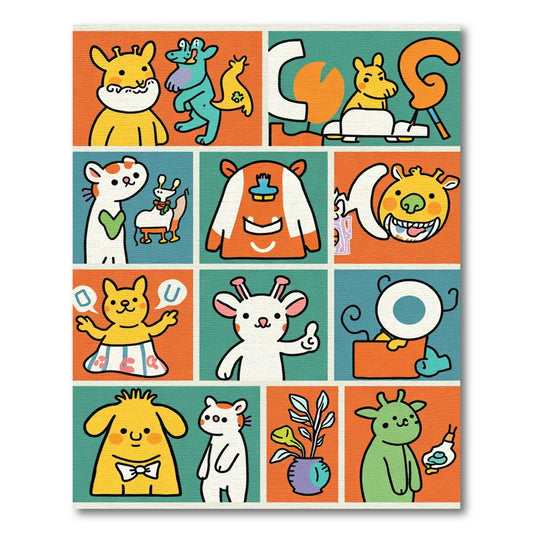 Playful Whimsical Cartoon Creature Collage Rug