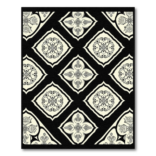 Classic Cream Black Floral Diamonds Rug