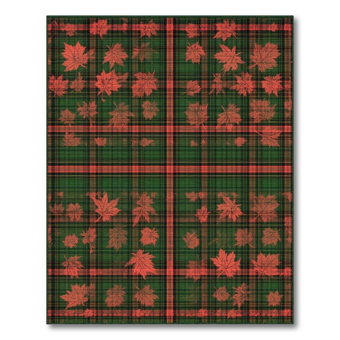 Green Plaid Maple Leaf Washable Area Rug