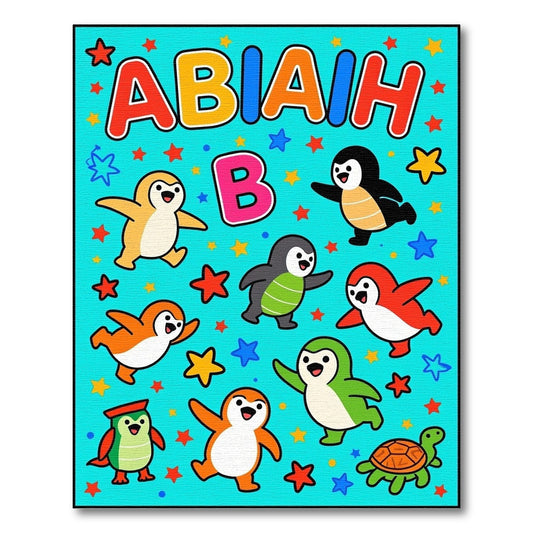 Vibrant Cartoon Penguin Alphabet Aqua Rug