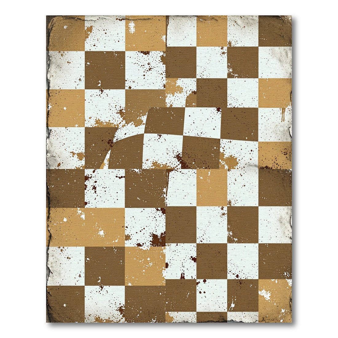 Brown White Splattered Checkered Squares Rug