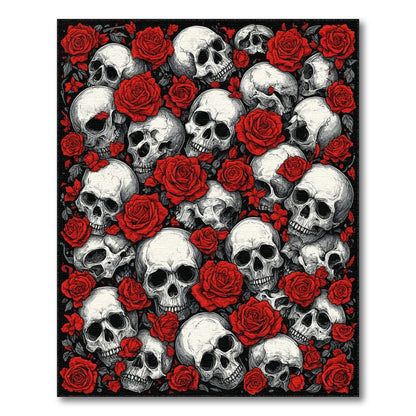 Skull and Red Rose Black Area Rug