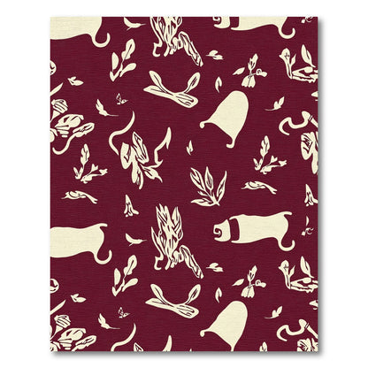 Deep Red Whimsical Leaf and Creature Rug