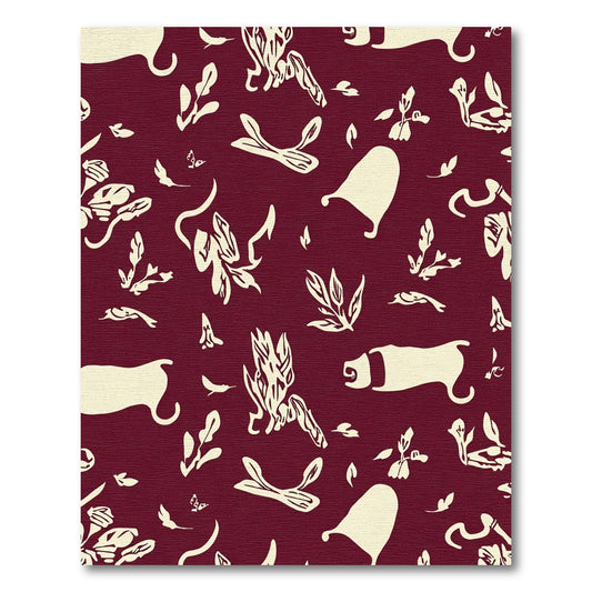 Deep Red Whimsical Leaf and Creature Rug