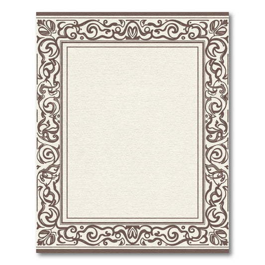 Ornate Brown Flourish Scroll Border Rug