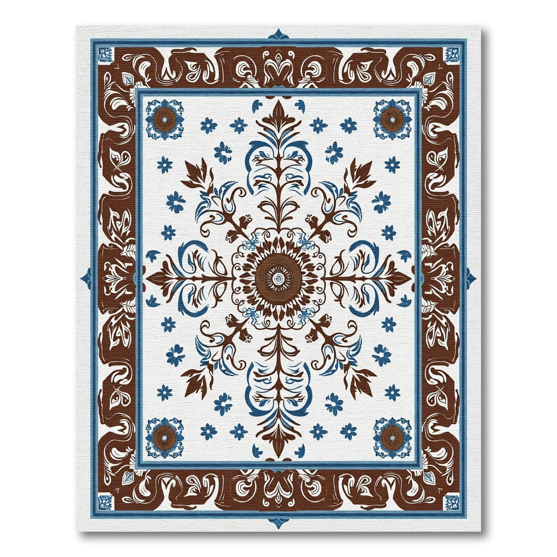Brown Blue Floral Medallion Border Rug