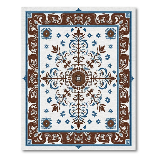 Brown Blue Floral Medallion Border Rug