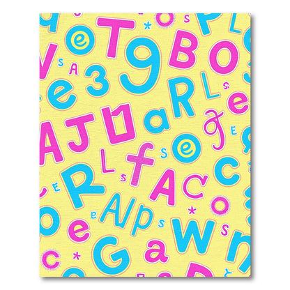 Playful Pink Blue Letters Yellow Background Rug