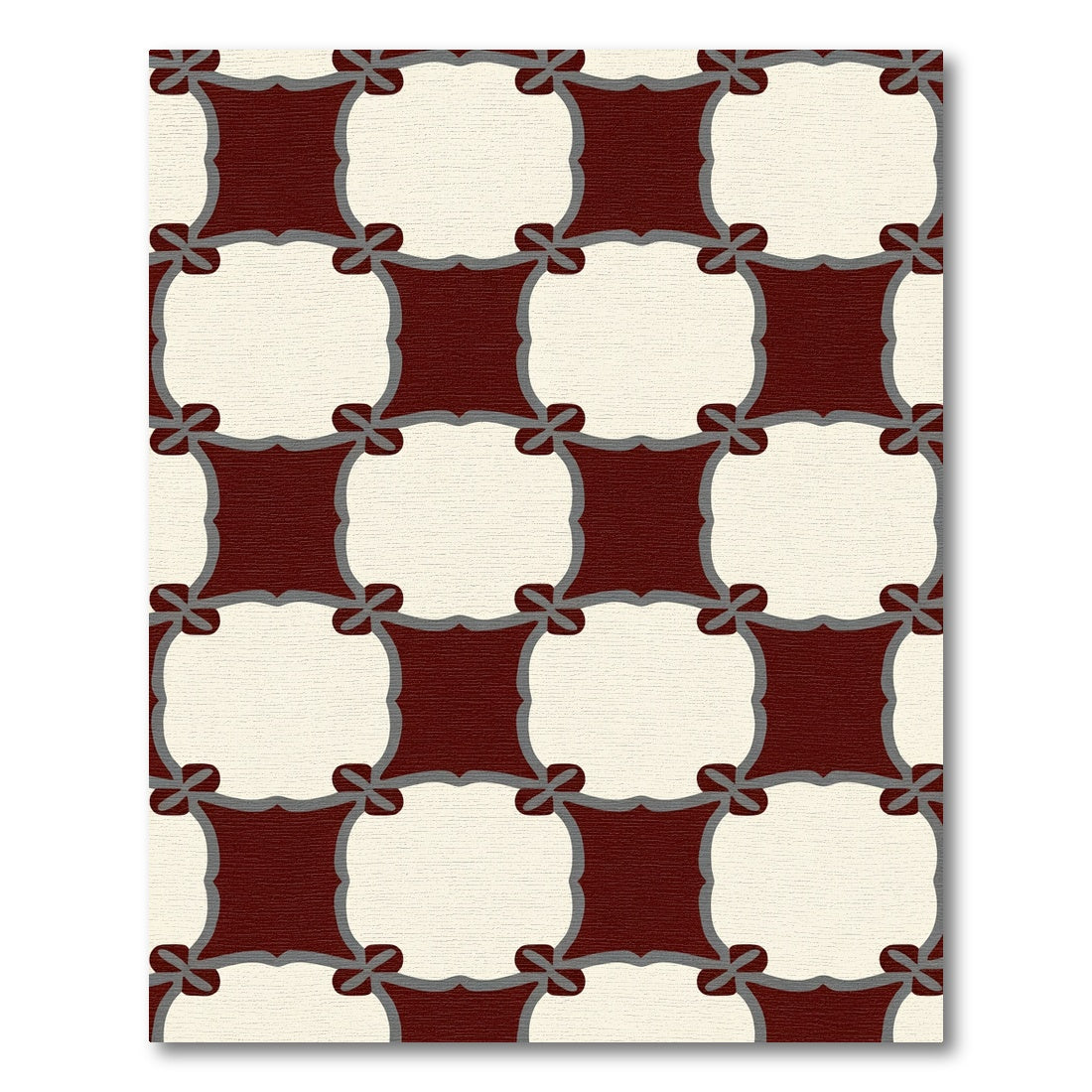 Deep Crimson and Cream Interlocking Squares Rug