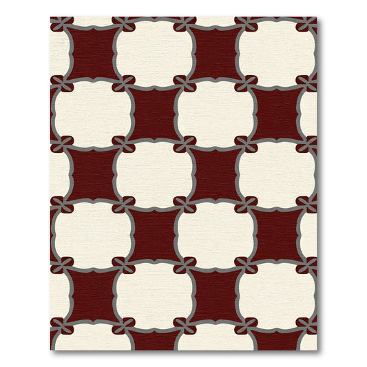 Deep Crimson and Cream Interlocking Squares Rug