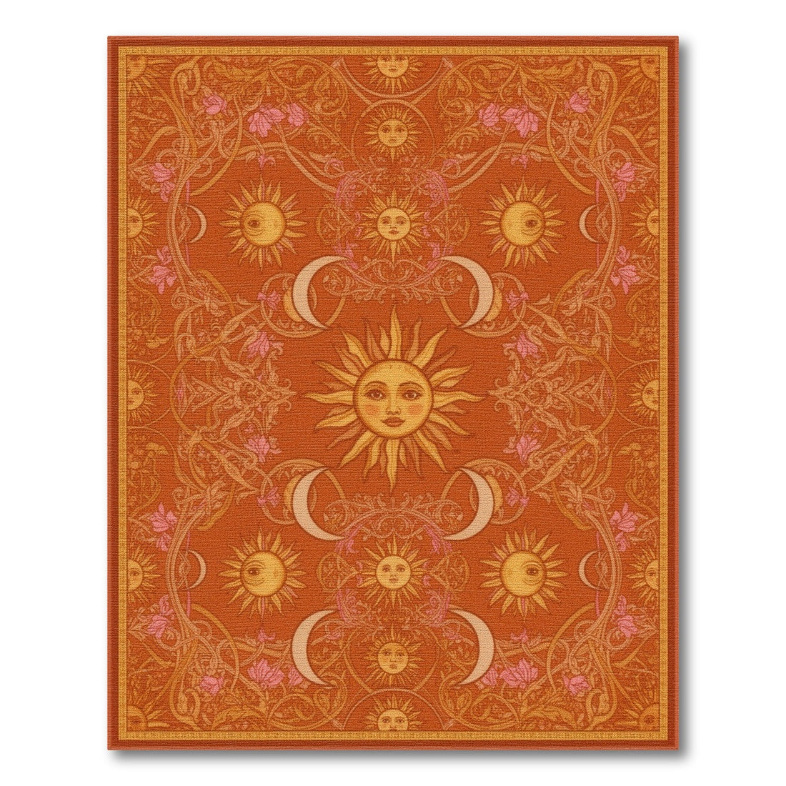 Floral Vintage Red Celestial Sun Moon Floral Area Rug