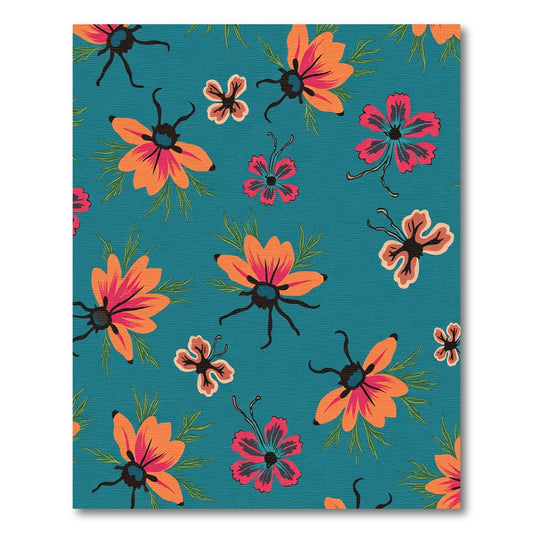 Bright Teal Orange Floral Insect Illustration Rug