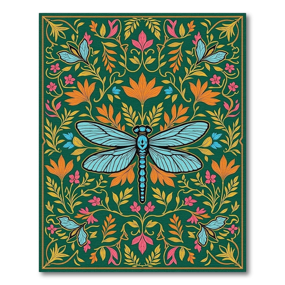 Green Emerald Dragonfly Floral Art Rug