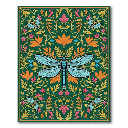Green Emerald Dragonfly Floral Art Rug