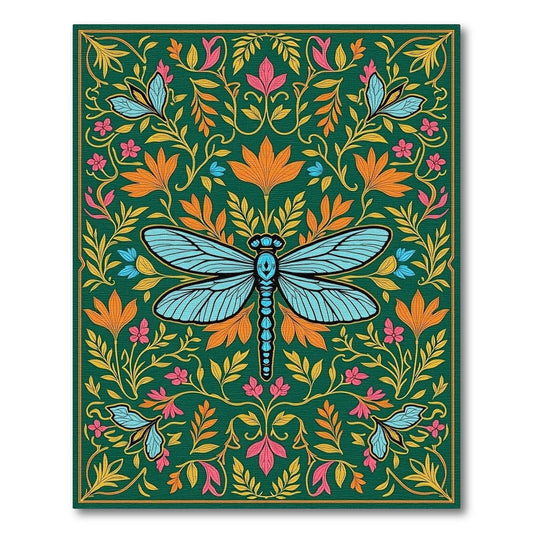 Green Emerald Dragonfly Floral Art Rug