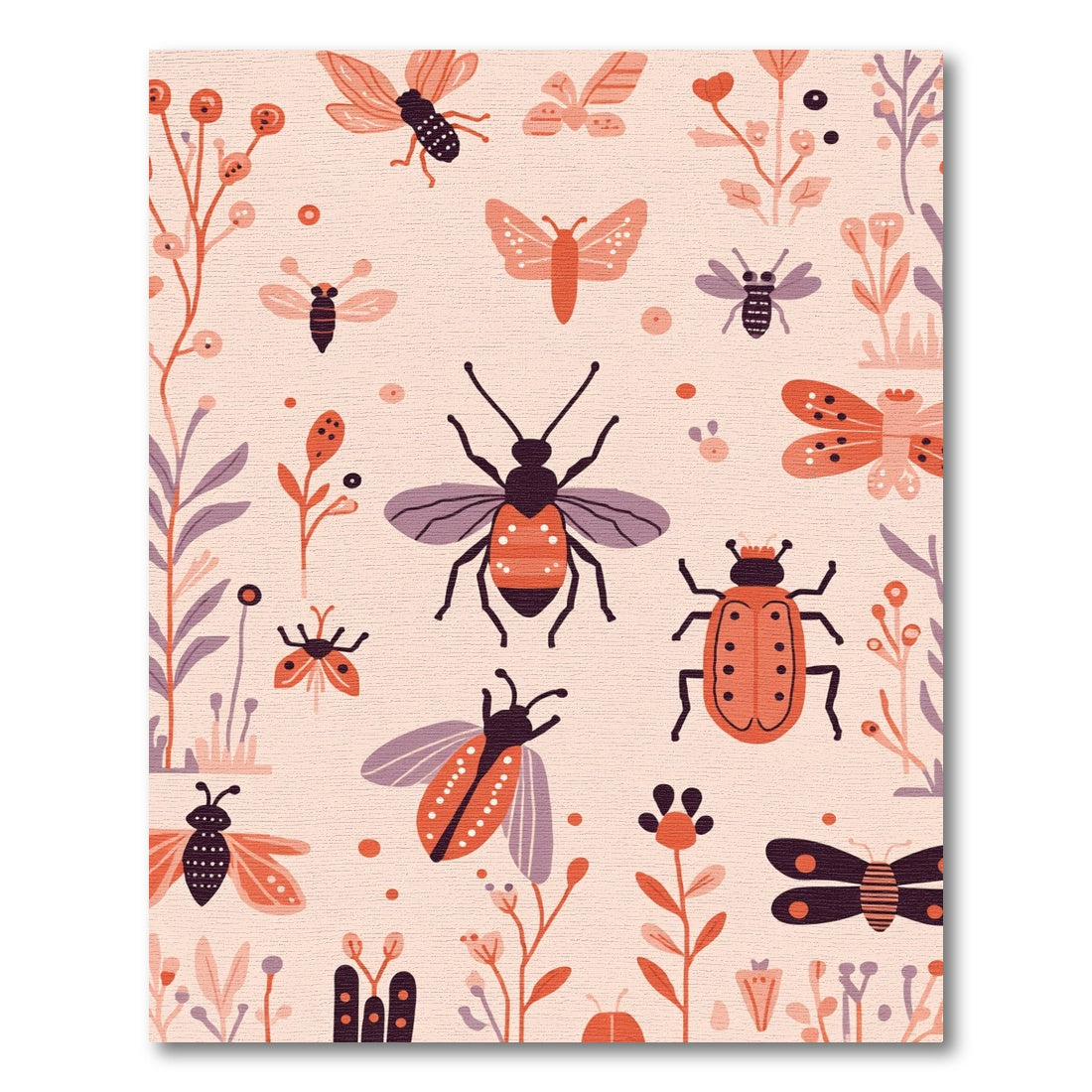 Whimsical Coral Bug Botanical Illustration Rug