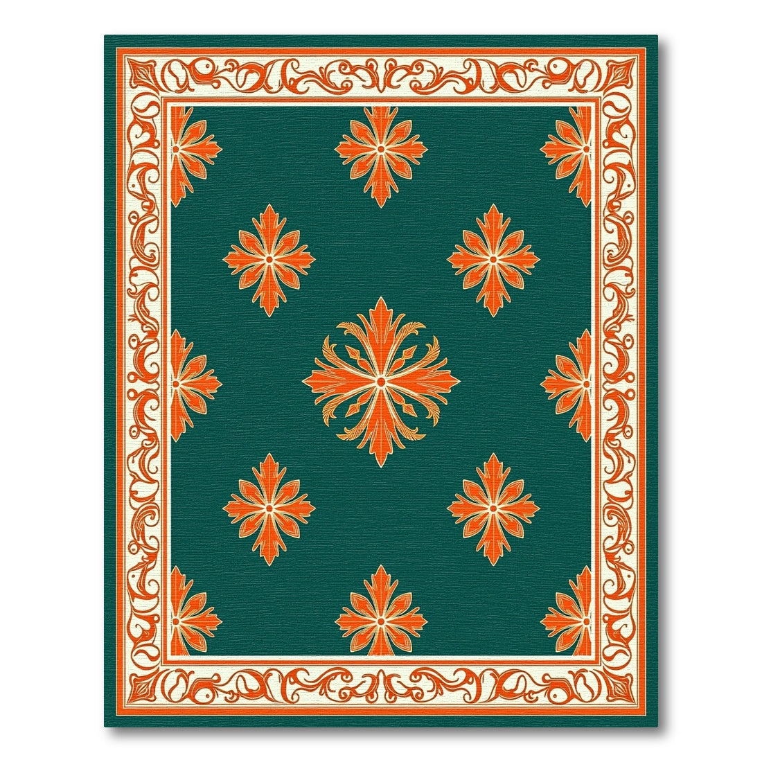 Ornate Green Orange Floral Medallion Rug