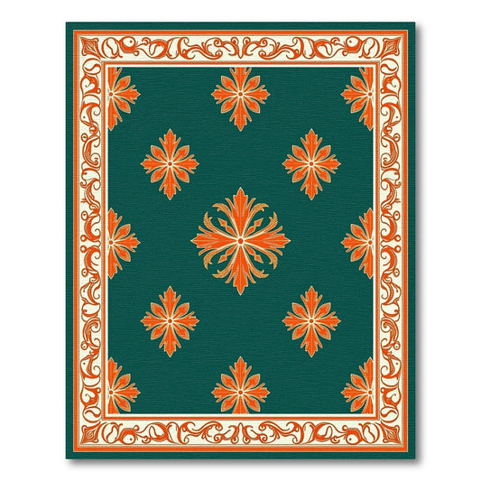 Ornate Green Orange Floral Medallion Rug