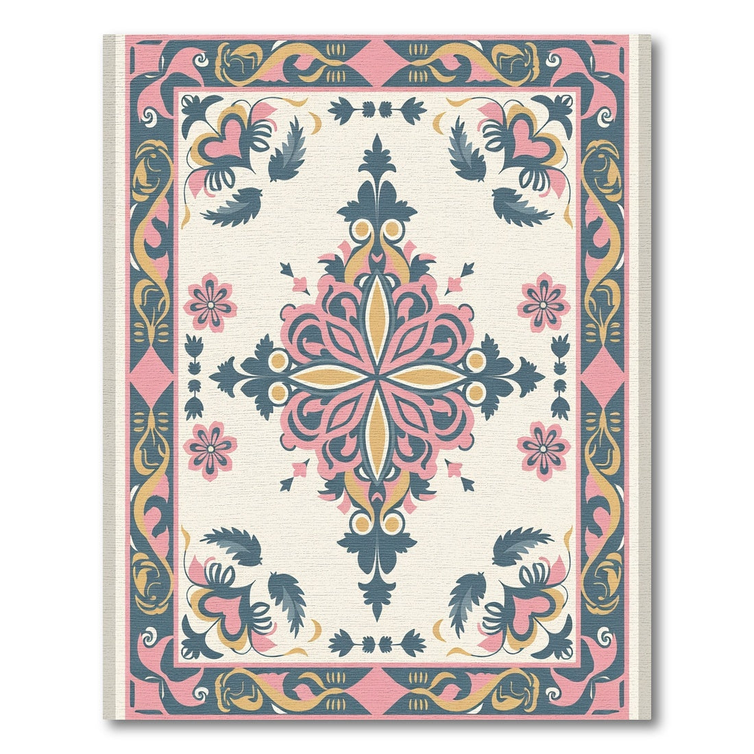 Pink Yellow Teal Medallion Border Rug