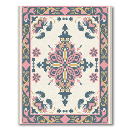 Pink Yellow Teal Medallion Border Rug