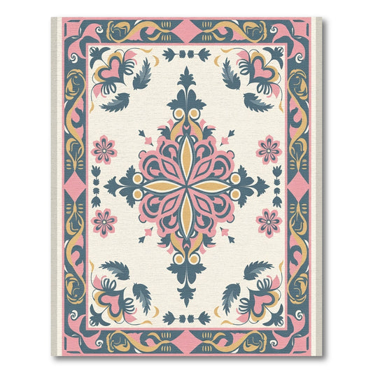 Pink Yellow Teal Medallion Border Rug