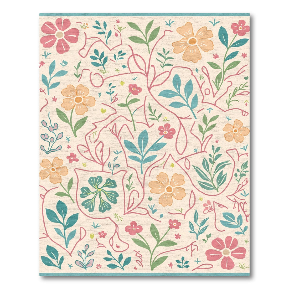 Soft Cream and Coral Floral Vine Art Rug